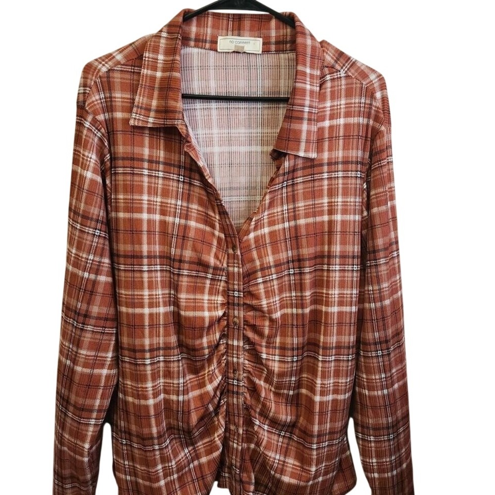 No Comment Plus Plaid Ruched Button Front Shirt Women's 3X‎ Orange White Black